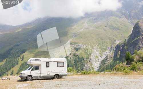 Image of Camper van parked high in the mountains