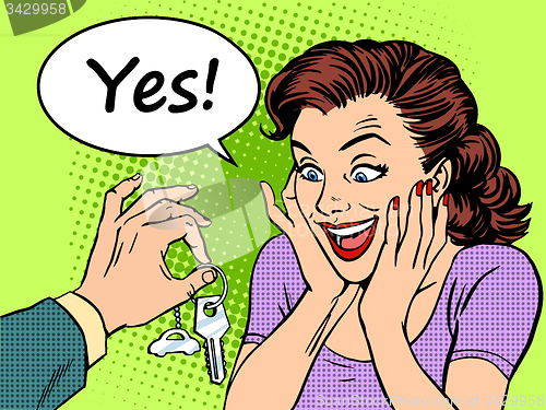 Image of Buying car woman reaction joy keys gift