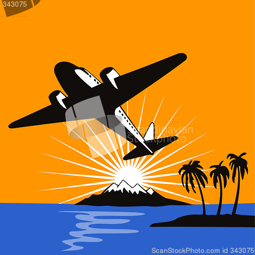 Image of Airplane flying up in the sunset