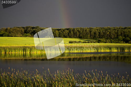 Image of Storm Clouds Prairie Sky Rainbow