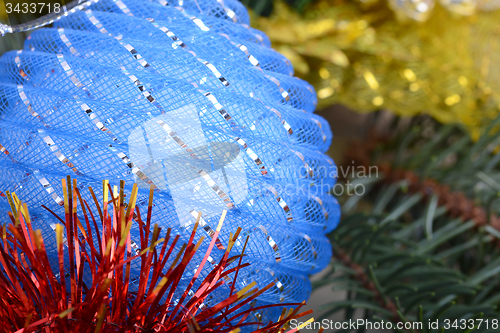 Image of Christmas Baubles with tree branch, new year holiday concept 