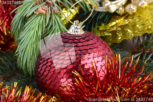 Image of Christmas baubles on christmas tree. new year invitation card