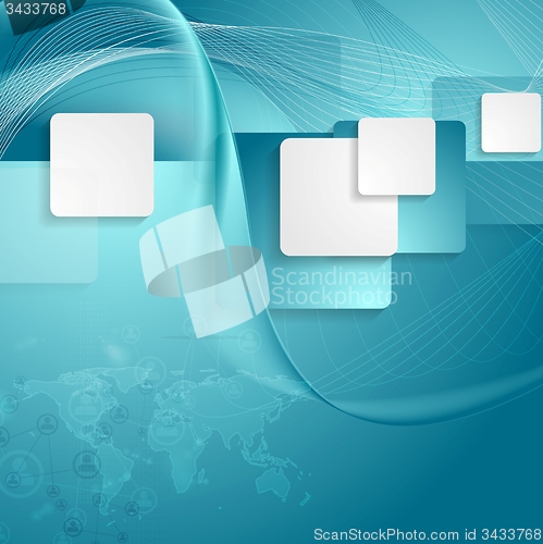 Image of Blue tech background with squares, waves and map