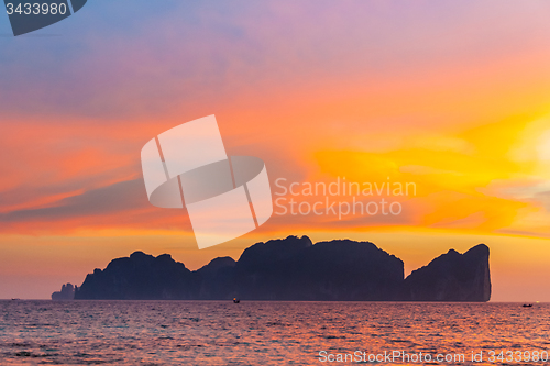 Image of Phi-Phi Lee island in colorful romantic sunset.