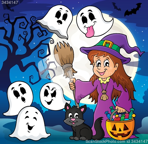 Image of Cute witch and cat with ghosts 2