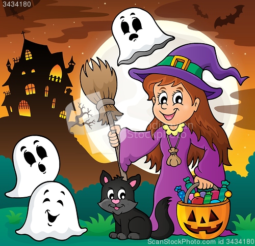 Image of Cute witch and cat with ghosts 1