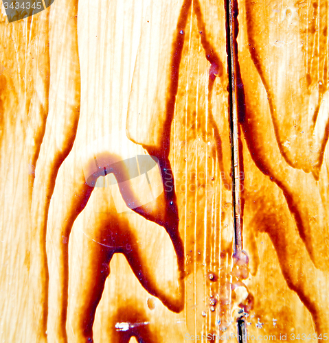 Image of nail dirty stripped paint in the brown wood door and rusty yello