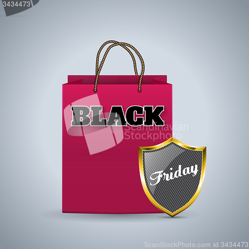 Image of Black friday advertising background with shopping bag and shield