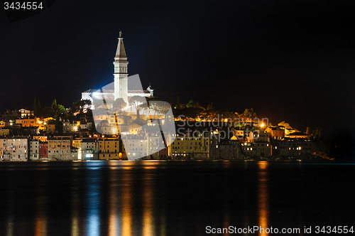 Image of Rovinj sea side town at night, Croatia