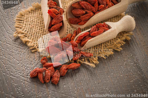 Image of Goji berries on a wooden spoons