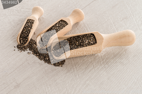 Image of Chia seeds in wooden scoops
