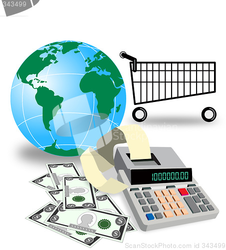 Image of Shopping cart with globe and calculator