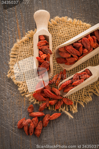 Image of Goji berries on a wooden spoons