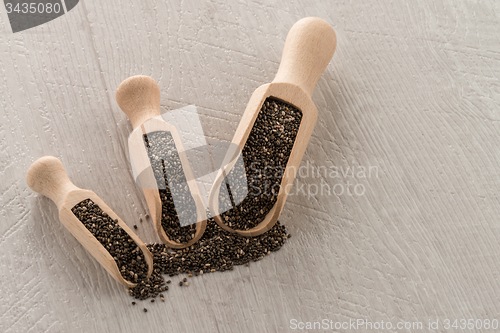 Image of Chia seeds in wooden scoops