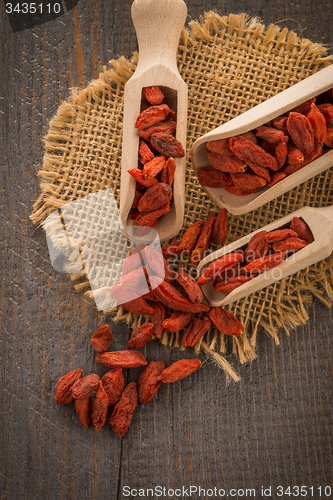 Image of Goji berries on a wooden spoons