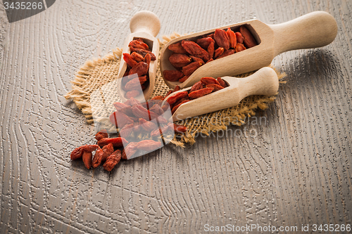 Image of Goji berries on a wooden spoons