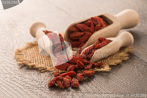 Image of Goji berries on a wooden spoons