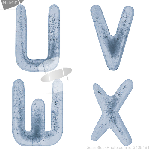 Image of Letters U, V, W, and X in ice