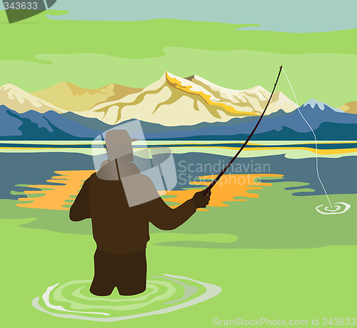 Image of Fisherman fly fishing