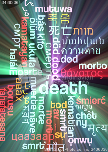 Image of Death multilanguage wordcloud background concept glowing