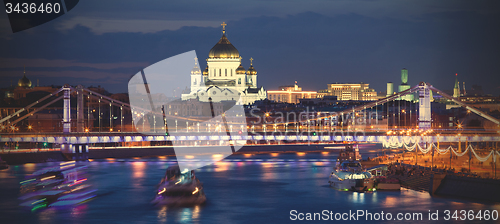 Image of evening panorama of Moscow with view the Crimean bridge
