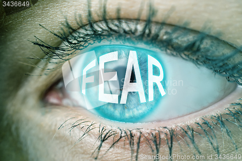 Image of eye with blue text FEAR