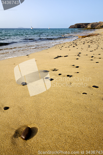 Image of coastline lanzarote  in spain musk   yacht boat    summer 