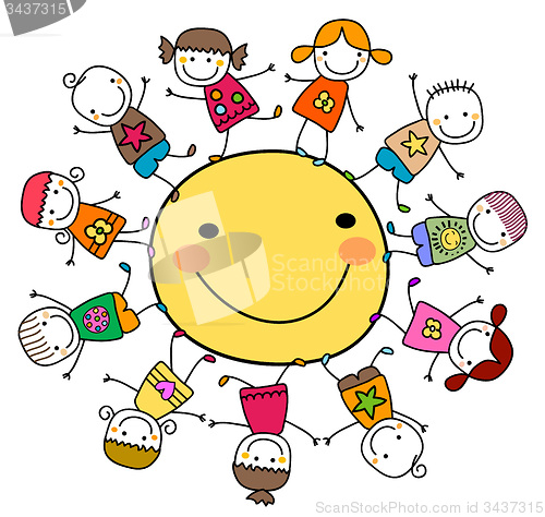 Image of happy kids playing around the sun