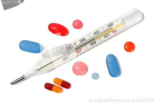 Image of Thermometer and pills