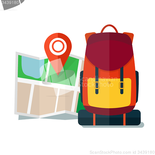 Image of Travel Map with backpack.  Flat Icons, Tourist, Sightseeing, Journey, Inspiration and Concept