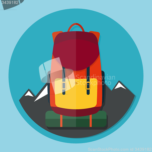 Image of Backpack with mountains flat style vector illustration icon