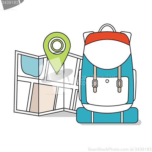 Image of Travel Map with backpack.  Line Icons, Tourist, Sightseeing, Journey, Inspiration and Concept