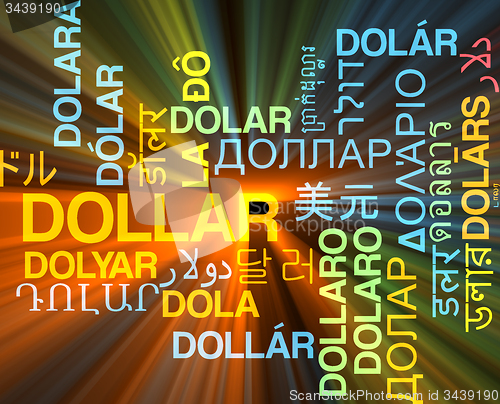 Image of Dollar multilanguage wordcloud background concept glowing