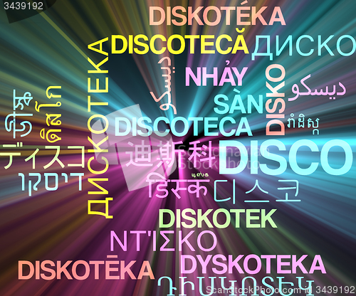 Image of Disco multilanguage wordcloud background concept glowing