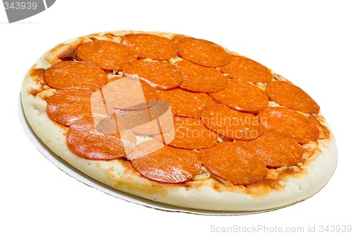 Image of Uncooked pepperoni and cheese pizza


