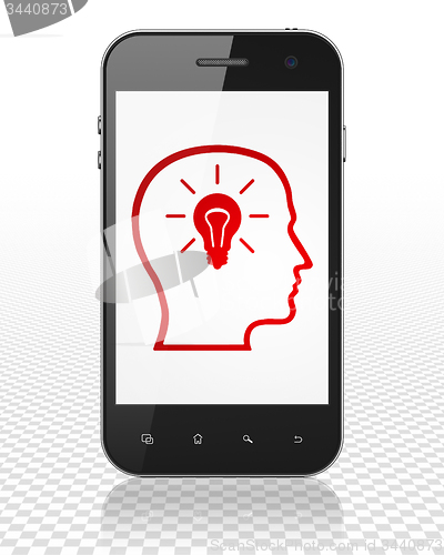 Image of Information concept: Head With Lightbulb on Smartphone display