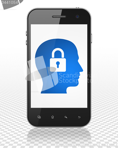 Image of Finance concept: Head With Padlock on Smartphone display