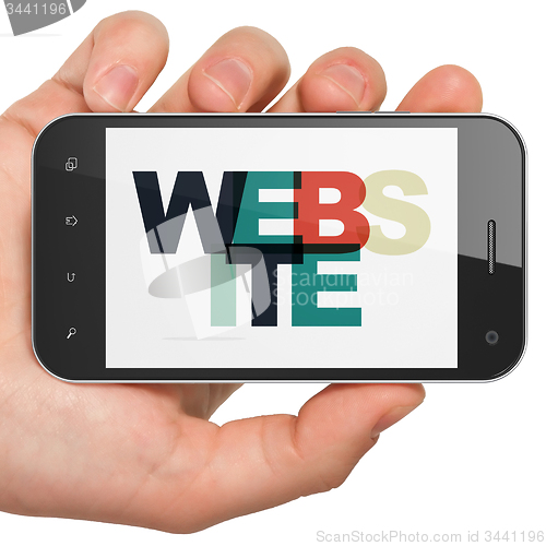 Image of Web development concept: Hand Holding Smartphone with Website on display