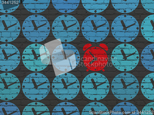 Image of Timeline concept: alarm clock icon on wall background