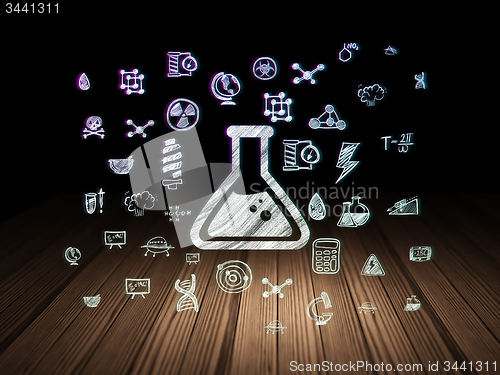 Image of Science concept: Flask in grunge dark room