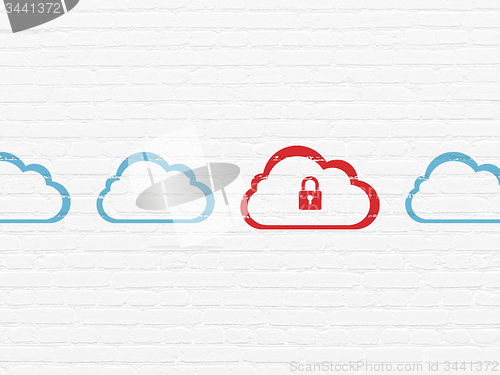 Image of Cloud networking concept: cloud with padlock icon on wall background