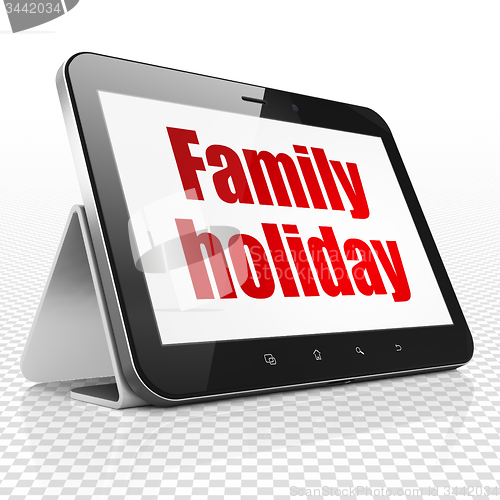 Image of Tourism concept: Family Holiday on Tablet Computer display