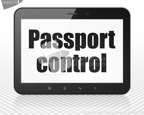 Image of Travel concept: Passport Control on Tablet Pc Computer display