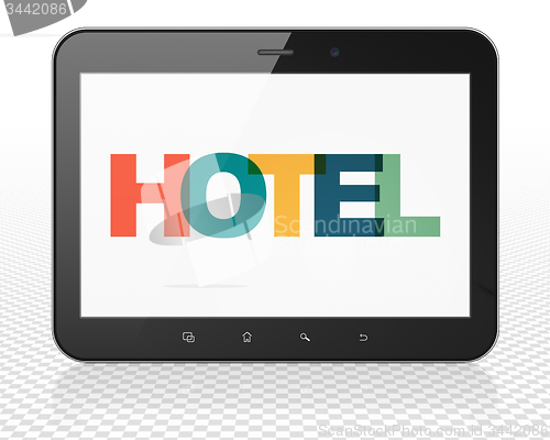 Image of Tourism concept: Hotel on Tablet Pc Computer display