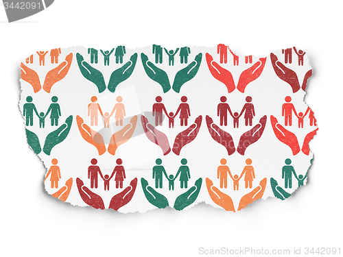 Image of Insurance concept: Family Insurance icons on Torn Paper background
