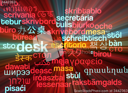 Image of Desk multilanguage wordcloud background concept glowing