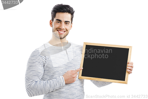 Image of Man holding a chalkboard