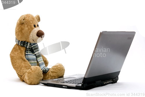 Image of Laptop and teddy bear