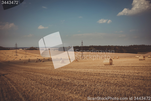 Image of retro color of straw bales in harvested fields