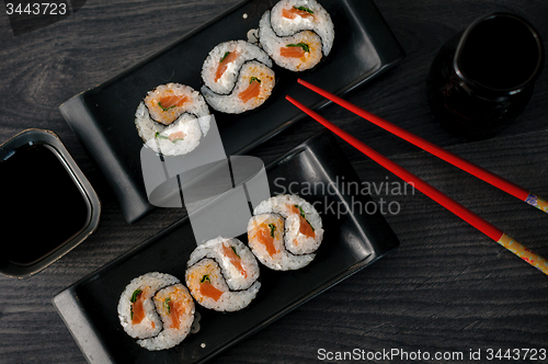 Image of delicious sushi rolls on the plate